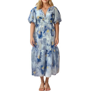 Blue Floral Midi Dress Puff Sleeve Tiered Jessica Simpson Dress Vacation Travel